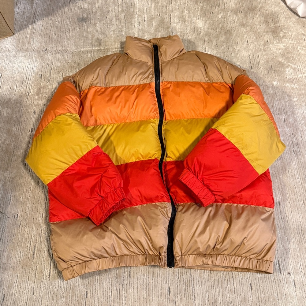 Colorblock Puffer Jacket in Tan, Orange, Yellow & Red